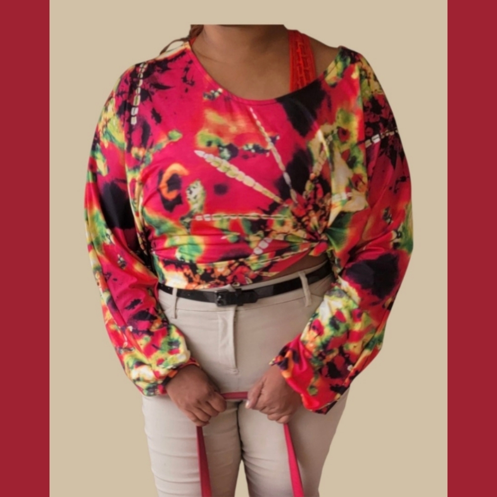 EUC Neon Multi Colorful Abstract Womens Blouse